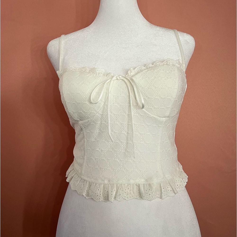 White Eyelet Lace Corset Crop Top with Ruffle Hem